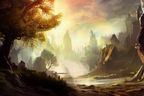 Trending splash art highly detailed bright mood mixed media concept art:0.5 intricate detailed wonderous landscape 4k volumetric lighting dramatic lighting award-winning:0.5 [text logo]