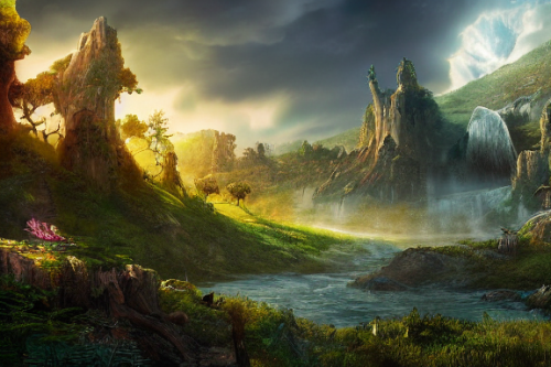 Trending splash art highly detailed bright mood mixed media concept art:0.5 intricate detailed wonderous landscape 4k volumetric lighting dramatic lighting award-winning:0.5 [text logo]