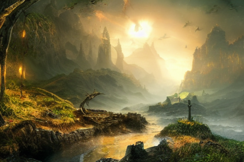 Trending splash art highly detailed bright mood mixed media concept art:0.5 intricate detailed wonderous landscape 4k volumetric lighting dramatic lighting award-winning:0.5 [text logo]