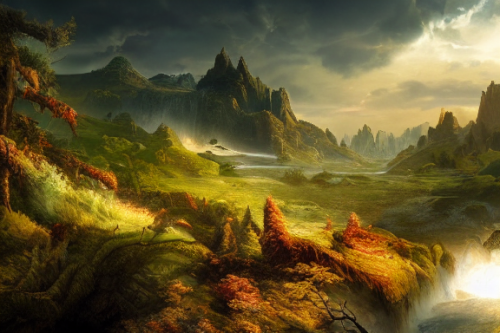 Trending splash art highly detailed bright mood mixed media concept art:0.5 intricate detailed wonderous landscape 4k volumetric lighting dramatic lighting award-winning:0.5 [text logo]