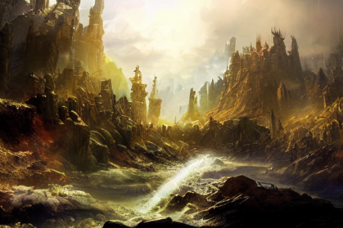 Trending splash art highly detailed bright mood mixed media concept art:0.5 intricate detailed wonderous landscape 4k volumetric lighting dramatic lighting award-winning:0.5 [text logo]