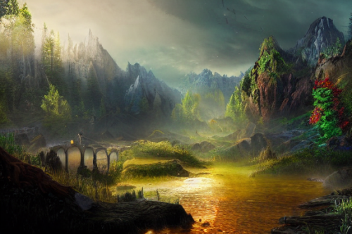 Trending splash art highly detailed bright mood mixed media concept art:0.5 intricate detailed wonderous landscape 4k volumetric lighting dramatic lighting award-winning:0.5 [text logo]