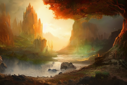 Trending splash art highly detailed bright mood mixed media concept art:0.5 intricate detailed wonderous landscape 4k volumetric lighting dramatic lighting award-winning:0.5 [text logo]