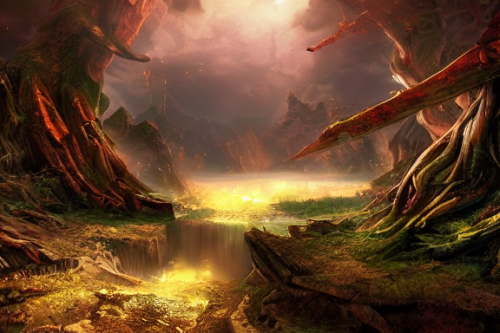 Trending splash art highly detailed bright mood mixed media concept art:0.5 intricate detailed wonderous landscape 4k volumetric lighting dramatic lighting award-winning:0.5 [text logo]