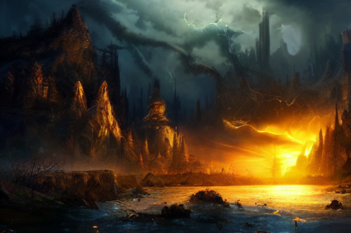 Trending splash art highly detailed bright mood mixed media concept art:0.5 intricate detailed wonderous landscape 4k volumetric lighting dramatic lighting award-winning:0.5 [text logo]