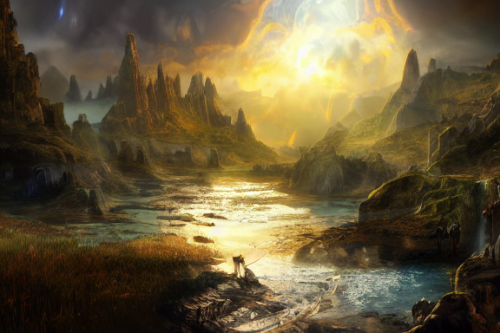 Trending splash art highly detailed bright mood mixed media concept art:0.5 intricate detailed wonderous landscape 4k volumetric lighting dramatic lighting award-winning:0.5 [text logo]