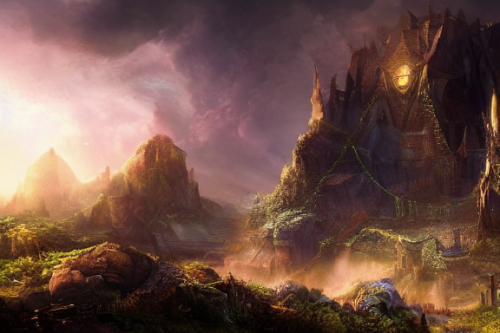 Trending splash art highly detailed bright mood mixed media concept art:0.5 intricate detailed wonderous landscape 4k volumetric lighting dramatic lighting award-winning:0.5 [text logo]