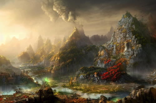 Trending splash art highly detailed bright mood mixed media concept art:0.5 intricate detailed wonderous landscape 4k volumetric lighting dramatic lighting award-winning:0.5 [text logo]