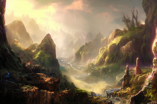 Trending splash art highly detailed bright mood mixed media concept art:0.5 intricate detailed wonderous landscape 4k volumetric lighting dramatic lighting award-winning:0.5 [text logo]