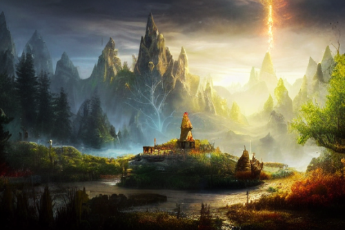 Trending splash art highly detailed bright mood mixed media concept art:0.5 intricate detailed wonderous landscape 4k volumetric lighting dramatic lighting award-winning:0.5 [text logo]