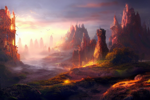 Trending splash art highly detailed bright mood mixed media concept art:0.5 intricate detailed wonderous landscape 4k volumetric lighting dramatic lighting award-winning:0.5 [text logo]