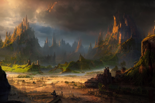 Trending splash art highly detailed bright mood mixed media concept art:0.5 intricate detailed wonderous landscape 4k volumetric lighting dramatic lighting award-winning:0.5 [text logo]