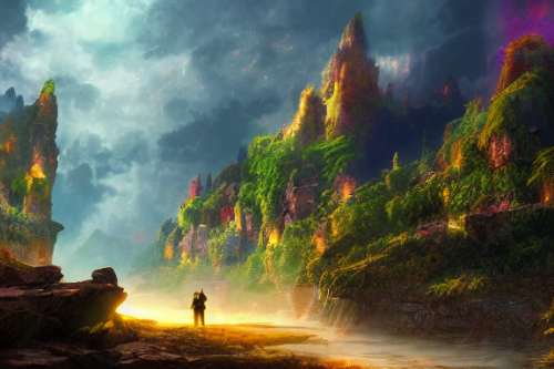 Trending splash art highly detailed bright mood mixed media concept art:0.5 intricate detailed wonderous landscape 4k volumetric lighting dramatic lighting award-winning:0.5 [text logo]