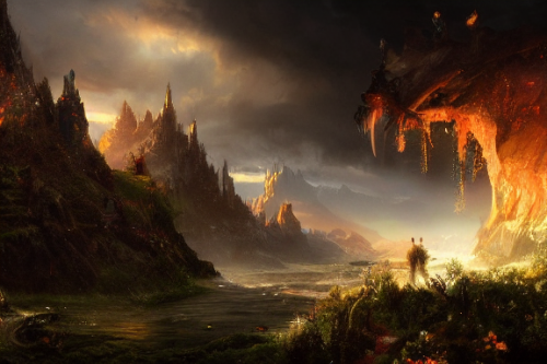 Trending splash art highly detailed bright mood mixed media concept art:0.5 intricate detailed wonderous landscape 4k volumetric lighting dramatic lighting award-winning:0.5 [text logo]