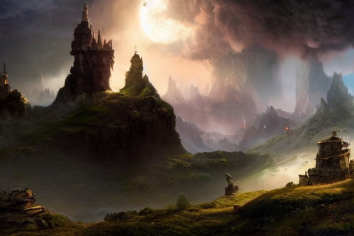 Trending splash art highly detailed bright mood mixed media concept art:0.5 intricate detailed wonderous landscape 4k volumetric lighting dramatic lighting award-winning:0.5 [text logo]