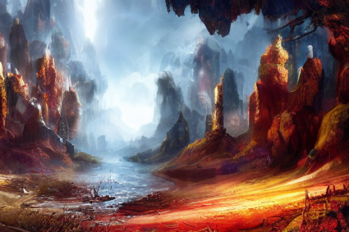 Trending splash art highly detailed bright mood mixed media concept art:0.5 intricate detailed wonderous landscape 4k volumetric lighting dramatic lighting award-winning:0.5 [text logo]