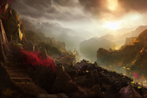 Trending splash art highly detailed bright mood mixed media concept art:0.5 intricate detailed wonderous landscape 4k volumetric lighting dramatic lighting award-winning:0.5 [text logo]