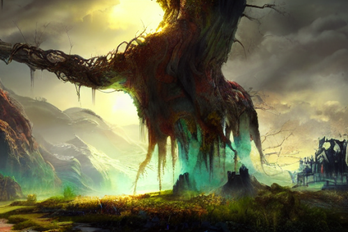 Trending splash art highly detailed bright mood mixed media concept art:0.5 intricate detailed wonderous landscape 4k volumetric lighting dramatic lighting award-winning:0.5 [text logo]