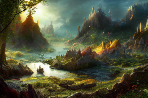 Trending splash art highly detailed bright mood mixed media concept art:0.5 intricate detailed wonderous landscape 4k volumetric lighting dramatic lighting award-winning:0.5 [text logo]