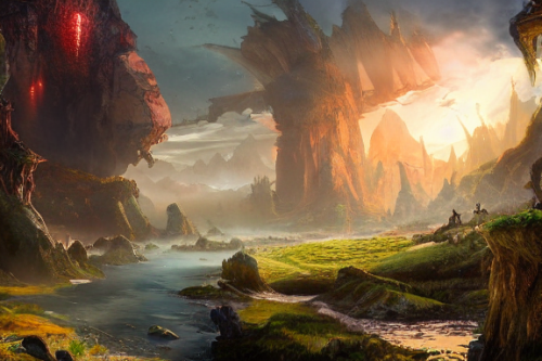 Trending splash art highly detailed bright mood mixed media concept art:0.5 intricate detailed wonderous landscape 4k volumetric lighting dramatic lighting award-winning:0.5 [text logo]