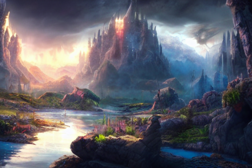 Trending splash art highly detailed bright mood mixed media concept art:0.5 intricate detailed wonderous landscape 4k volumetric lighting dramatic lighting award-winning:0.5 [text logo]