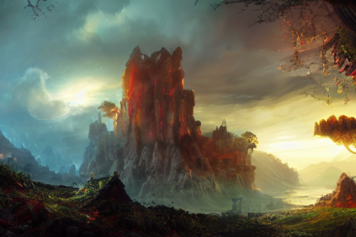 Trending splash art highly detailed bright mood mixed media concept art:0.5 intricate detailed wonderous landscape 4k volumetric lighting dramatic lighting award-winning:0.5 [text logo]