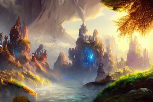 Trending splash art highly detailed bright mood mixed media concept art:0.5 intricate detailed wonderous landscape 4k volumetric lighting dramatic lighting award-winning:0.5 [text logo]
