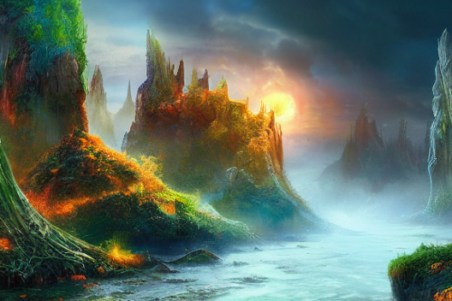 Trending splash art highly detailed bright mood mixed media concept art:0.5 intricate detailed wonderous landscape 4k volumetric lighting dramatic lighting award-winning:0.5 [text logo]