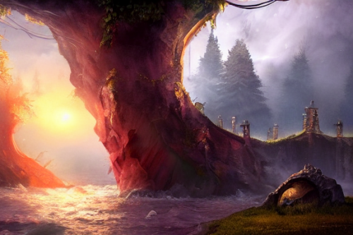 Trending splash art highly detailed bright mood mixed media concept art:0.5 intricate detailed wonderous landscape 4k volumetric lighting dramatic lighting award-winning:0.5 [text logo]