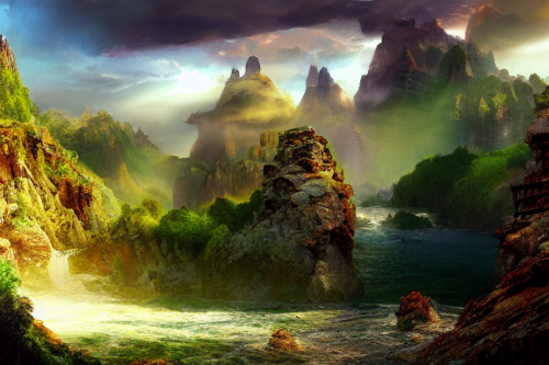 Trending splash art highly detailed bright mood mixed media concept art:0.5 intricate detailed wonderous landscape 4k volumetric lighting dramatic lighting award-winning:0.5 [text logo]