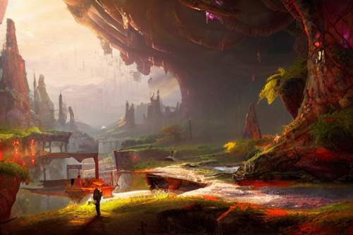 Trending splash art highly detailed bright mood mixed media concept art:0.5 intricate detailed wonderous landscape 4k volumetric lighting dramatic lighting award-winning:0.5 [text logo]