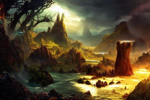 Trending splash art highly detailed bright mood mixed media concept art:0.5 intricate detailed wonderous landscape 4k volumetric lighting dramatic lighting award-winning:0.5 [text logo]