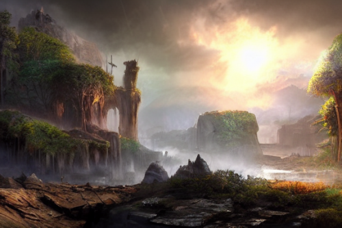 Trending splash art highly detailed bright mood mixed media concept art:0.5 intricate detailed wonderous landscape 4k volumetric lighting dramatic lighting award-winning:0.5 [text logo]