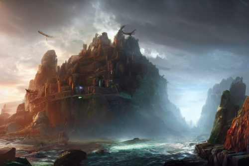 Trending splash art highly detailed bright mood mixed media concept art:0.5 intricate detailed wonderous landscape 4k volumetric lighting dramatic lighting award-winning:0.5 [text logo]