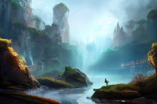 Trending splash art highly detailed bright mood mixed media concept art:0.5 intricate detailed wonderous landscape 4k volumetric lighting dramatic lighting award-winning:0.5 [text logo]