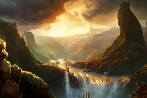 Trending splash art highly detailed bright mood mixed media concept art:0.5 intricate detailed wonderous landscape 4k volumetric lighting dramatic lighting award-winning:0.5 [text logo]