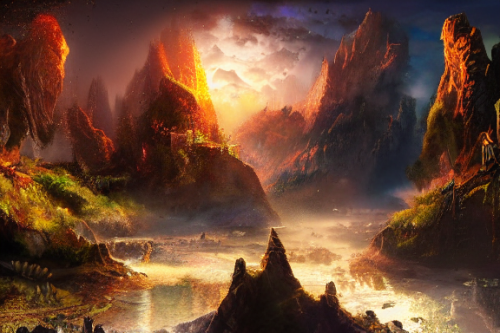 Trending splash art highly detailed bright mood mixed media concept art:0.5 intricate detailed wonderous landscape 4k volumetric lighting dramatic lighting award-winning:0.5 [text logo]