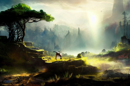 Trending splash art highly detailed bright mood mixed media concept art:0.5 intricate detailed wonderous landscape 4k volumetric lighting dramatic lighting award-winning:0.5 [text logo]