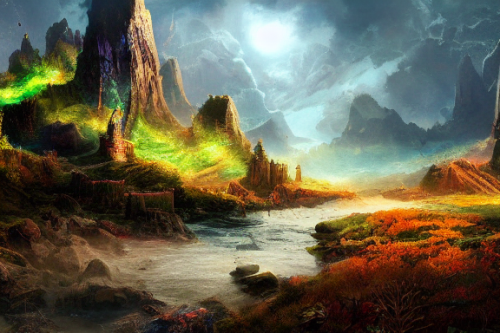 Trending splash art highly detailed bright mood mixed media concept art:0.5 intricate detailed wonderous landscape 4k volumetric lighting dramatic lighting award-winning:0.5 [text logo]