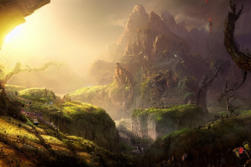 Trending splash art highly detailed bright mood mixed media concept art:0.5 intricate detailed wonderous landscape 4k volumetric lighting dramatic lighting award-winning:0.5 [text logo]