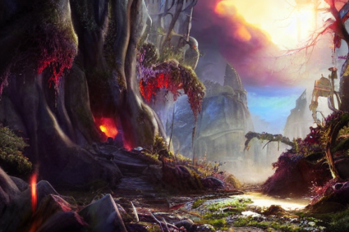 Trending splash art highly detailed bright mood mixed media concept art:0.5 intricate detailed wonderous landscape 4k volumetric lighting dramatic lighting award-winning:0.5 [text logo]