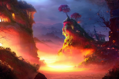 Trending splash art highly detailed bright mood mixed media concept art:0.5 intricate detailed wonderous landscape 4k volumetric lighting dramatic lighting award-winning:0.5 [text logo]