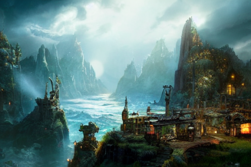 Trending splash art highly detailed bright mood mixed media concept art:0.5 intricate detailed wonderous landscape 4k volumetric lighting dramatic lighting award-winning:0.5 [text logo]