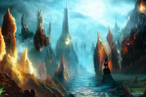 Trending splash art highly detailed bright mood mixed media concept art:0.5 intricate detailed wonderous landscape 4k volumetric lighting dramatic lighting award-winning:0.5 [text logo]