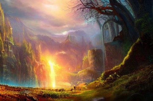 Trending splash art highly detailed bright mood mixed media concept art:0.5 intricate detailed wonderous landscape 4k volumetric lighting dramatic lighting award-winning:0.5 [text logo]