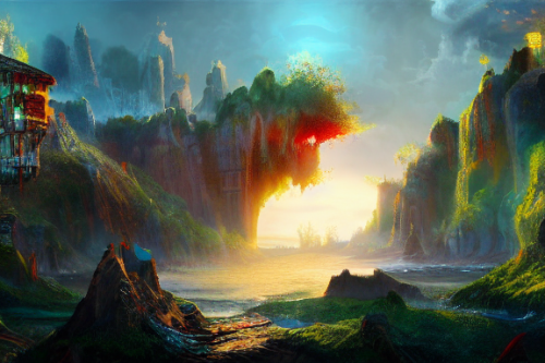 Trending splash art highly detailed bright mood mixed media concept art:0.5 intricate detailed wonderous landscape 4k volumetric lighting dramatic lighting award-winning:0.5 [text logo]