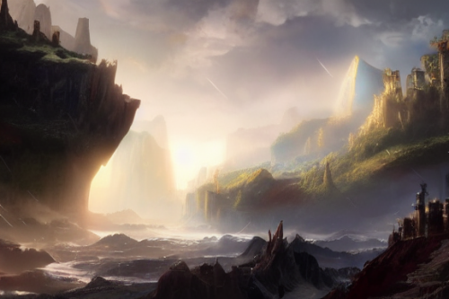 Trending splash art highly detailed bright mood mixed media concept art:0.5 intricate detailed wonderous landscape 4k volumetric lighting dramatic lighting award-winning:0.5 [text logo]