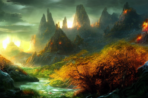 Trending splash art highly detailed bright mood mixed media concept art:0.5 intricate detailed wonderous landscape 4k volumetric lighting dramatic lighting award-winning:0.5 [text logo]