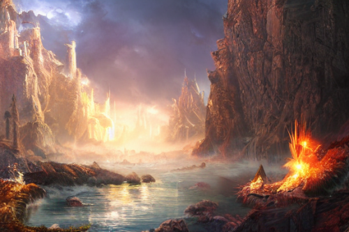 Trending splash art highly detailed bright mood mixed media concept art:0.5 intricate detailed wonderous landscape 4k volumetric lighting dramatic lighting award-winning:0.5 [text logo]