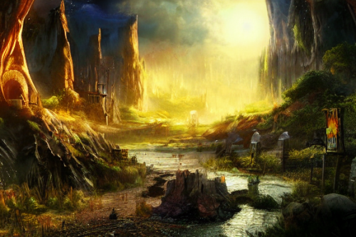 Trending splash art highly detailed bright mood mixed media concept art:0.5 intricate detailed wonderous landscape 4k volumetric lighting dramatic lighting award-winning:0.5 [text logo]